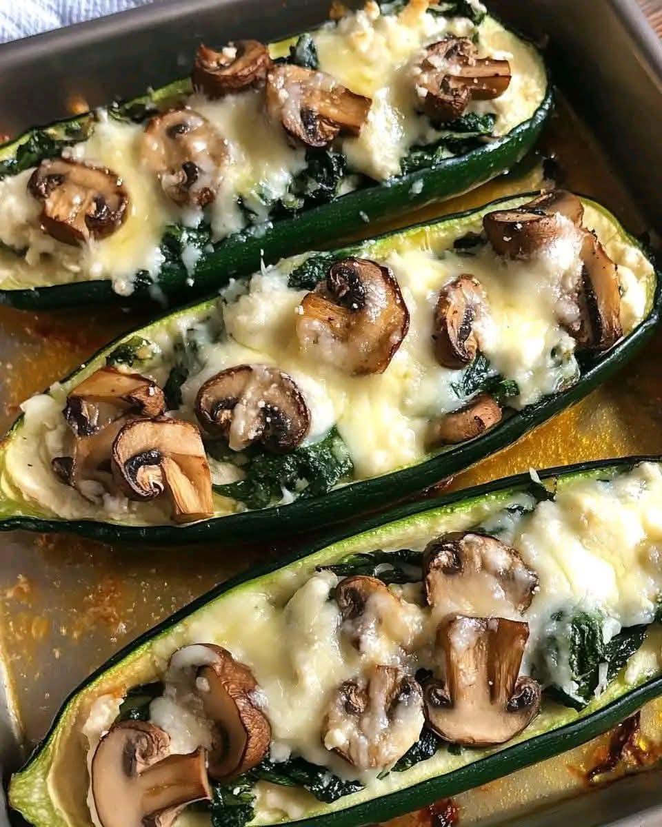Spinach, Mushroom, and Ricotta Stuffed Zucchini Boats
