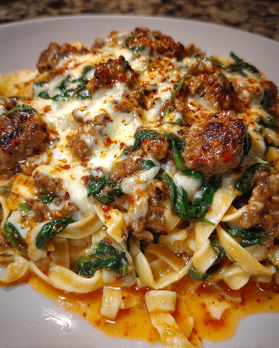 Cheesy Garlic Butter Linguine with Beef, Sausage, and Spinach