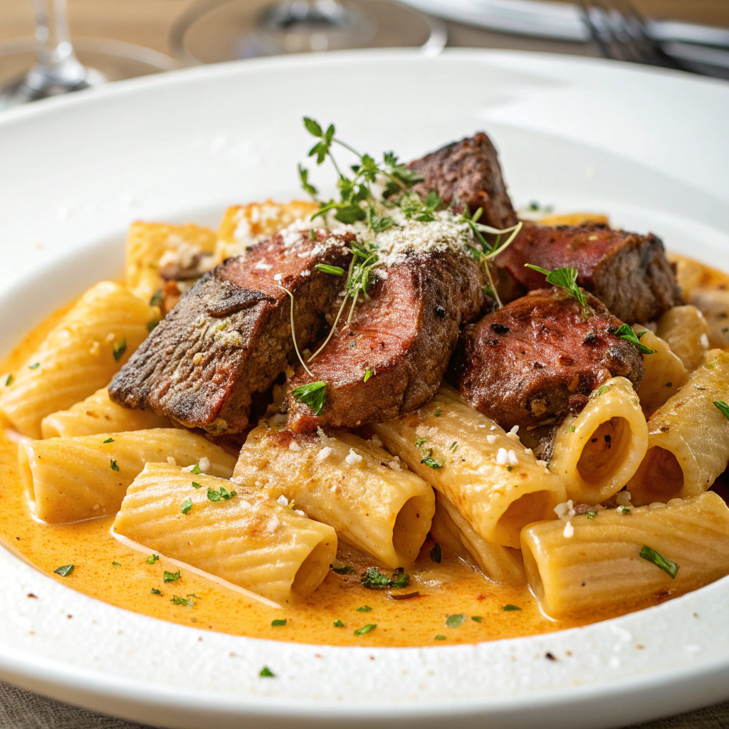 Cajun Steak Tips in Cheesy Rigatoni Parmesan Sauce
