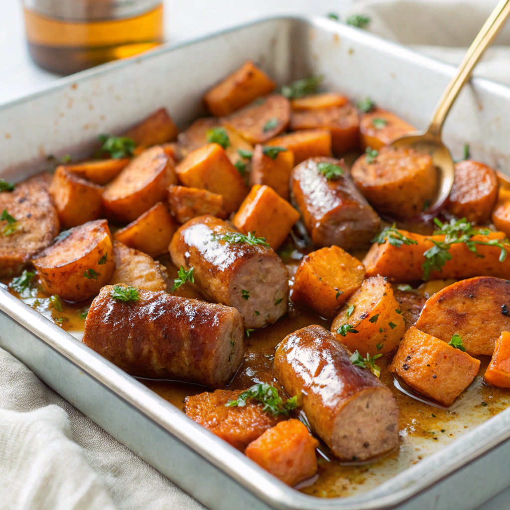 Sheet pan sausage and sweet potatoes with honey garlic sauce