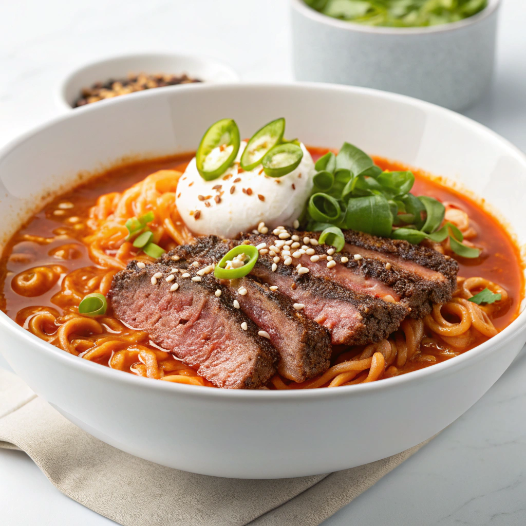 Spicy Korean Ramen with Grilled Beef & Creamy Sauce