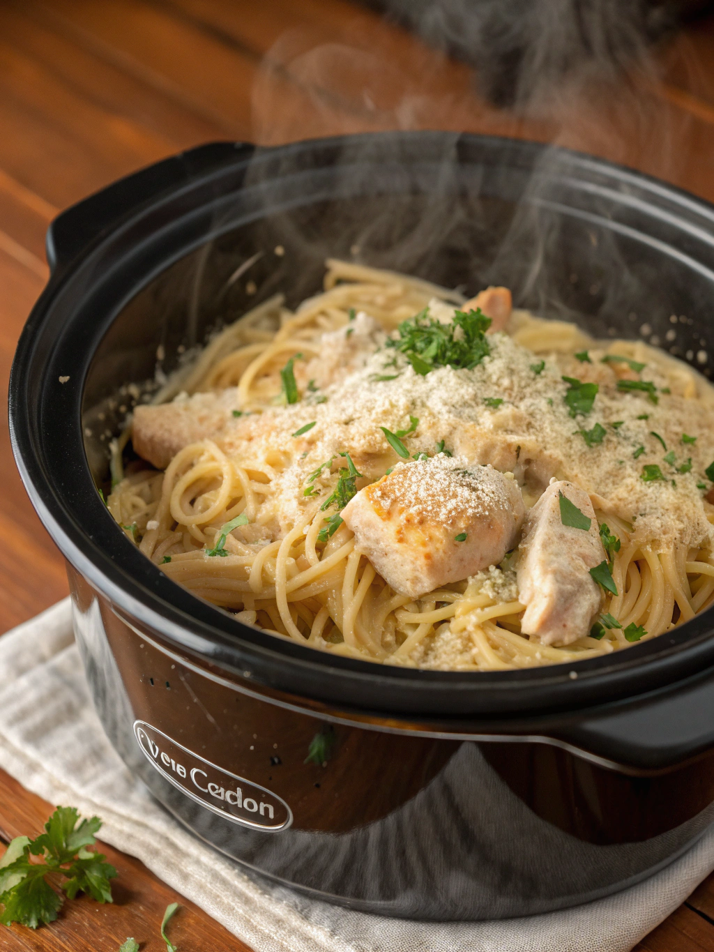 Crockpot Garlic Parmesan Chicken Pasta
