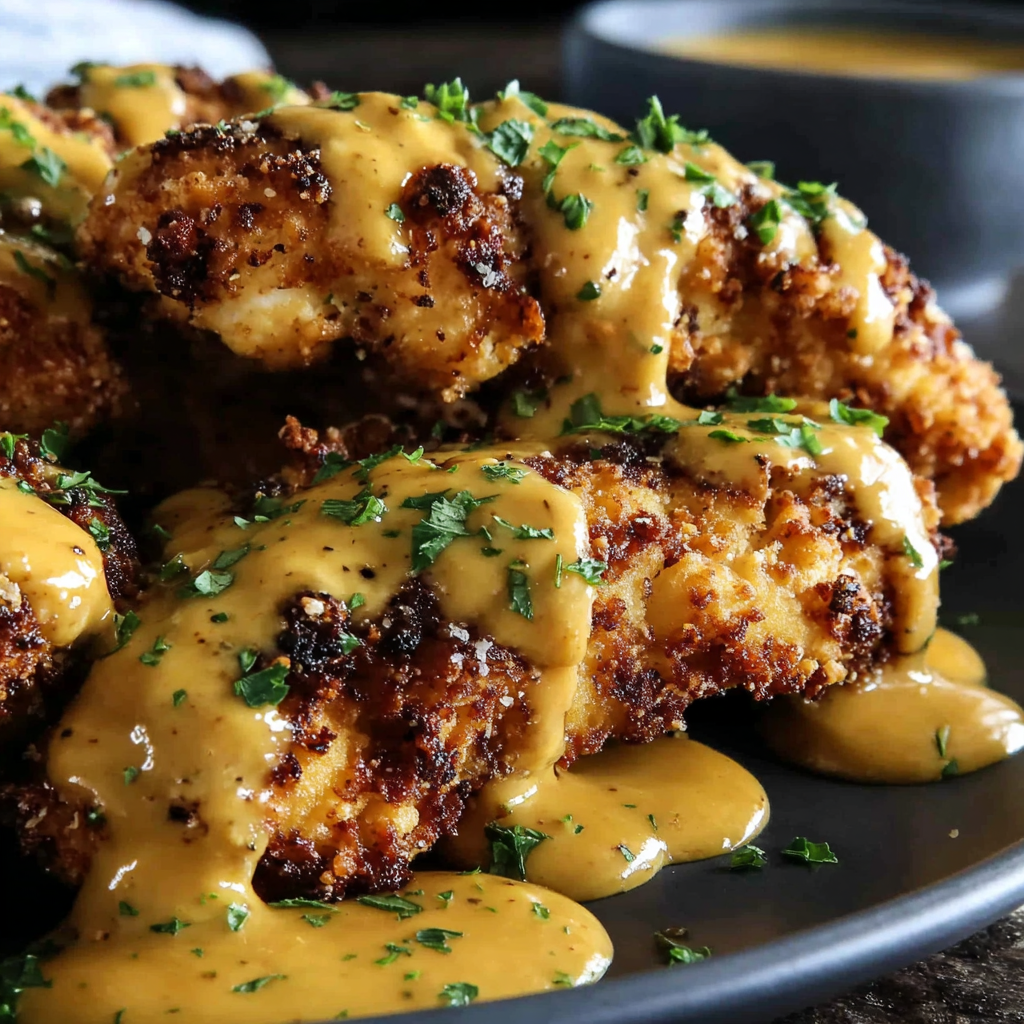 Pretzel Chicken with Mustard-Cheddar Sauce: Crispy, Savory, and Irresistibly Creamy
