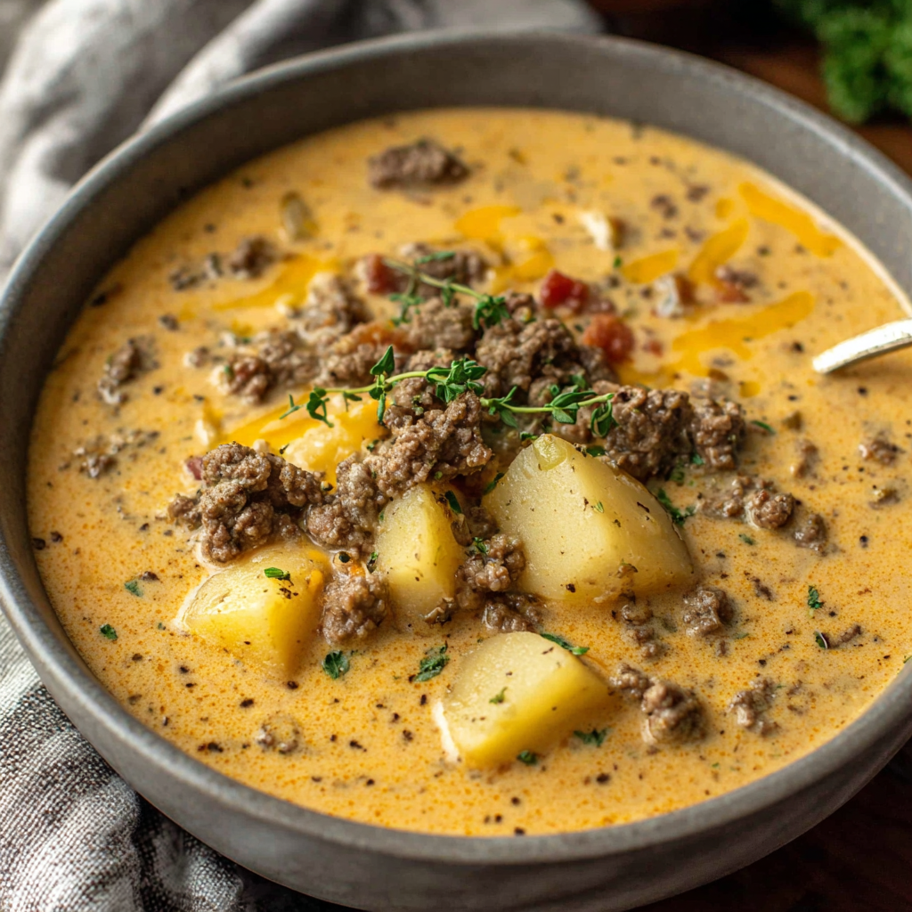 Cheesy Beef & Potato Soup – A Hearty Comfort Bowl