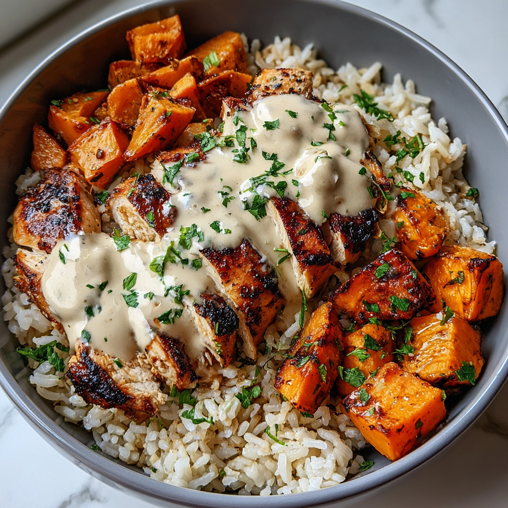 Roasted Chicken & Sweet Potato Rice Bowls with Creamy Garlic Sauce