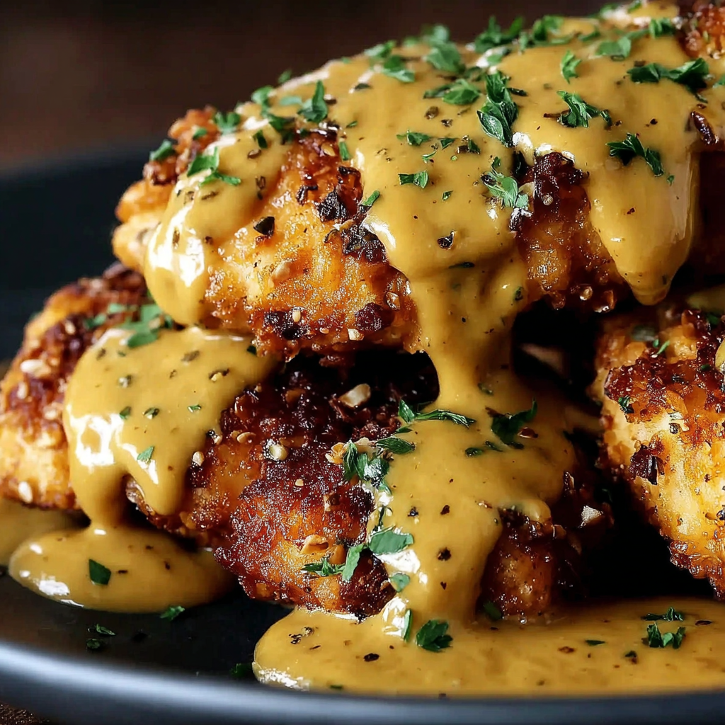 Pretzel Chicken with Mustard-Cheddar Sauce