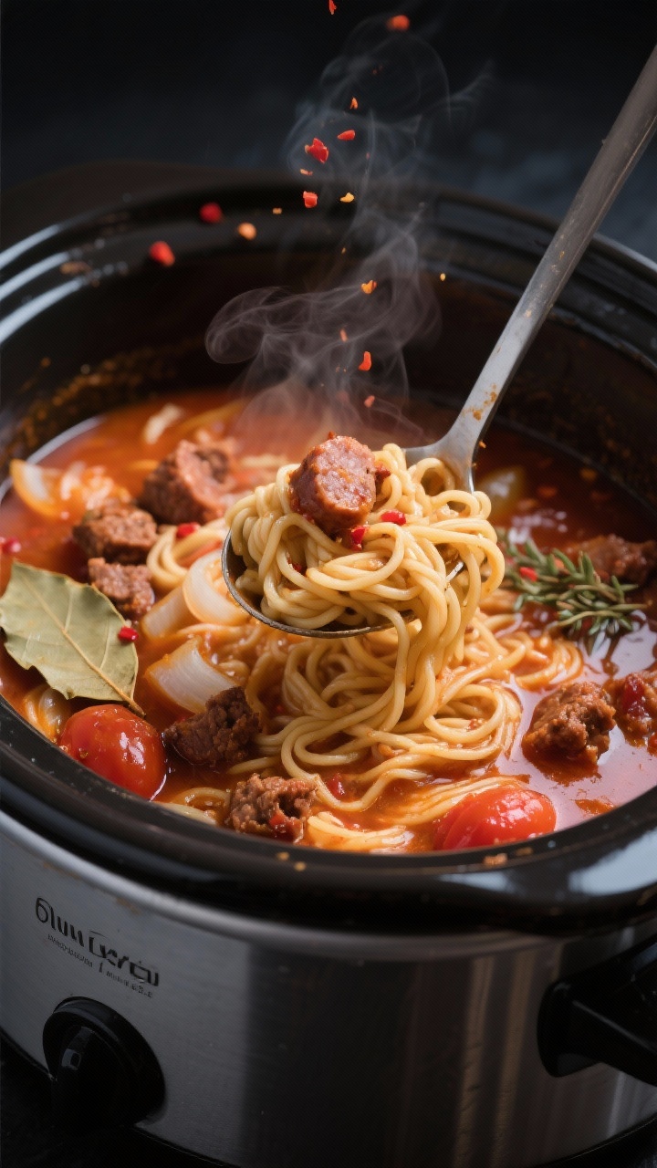 Close-up, 45-degree angle process shot inside the slow cooker near the end of cooking: noodles just 