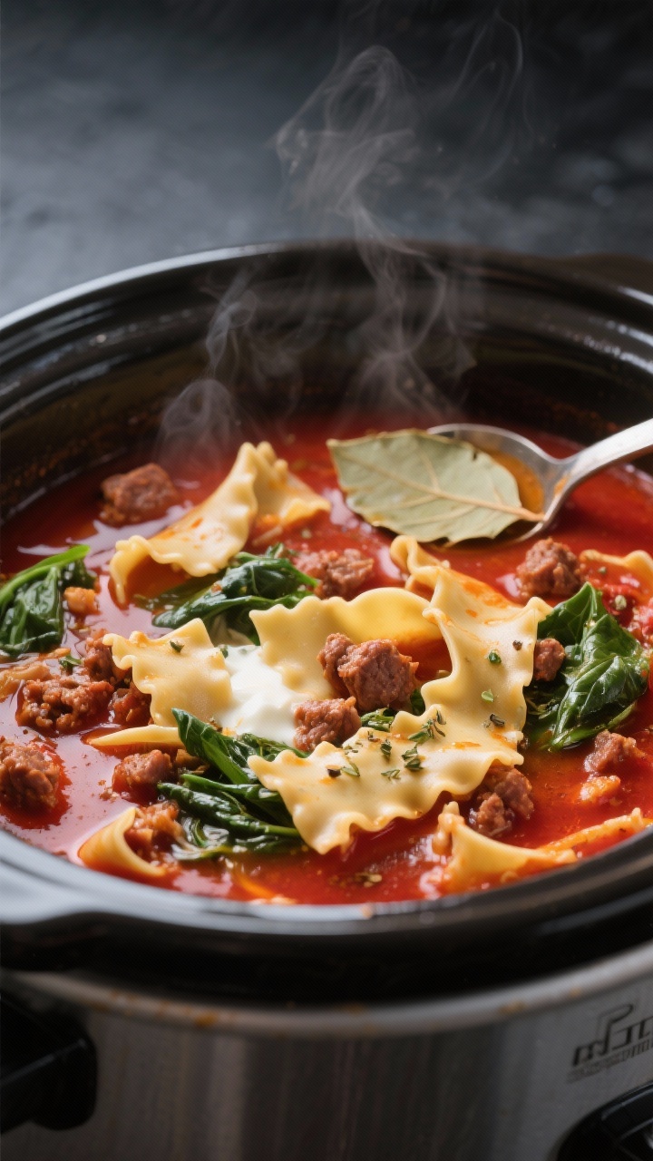 Close-up detail of crockpot lasagna soup just after noodles turn al dente: ribbons of broken lasagna