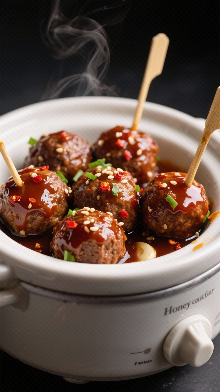 Close-up detail shot of Honey Garlic Cocktail Meatballs glistening in a mini crockpot, coated in a t