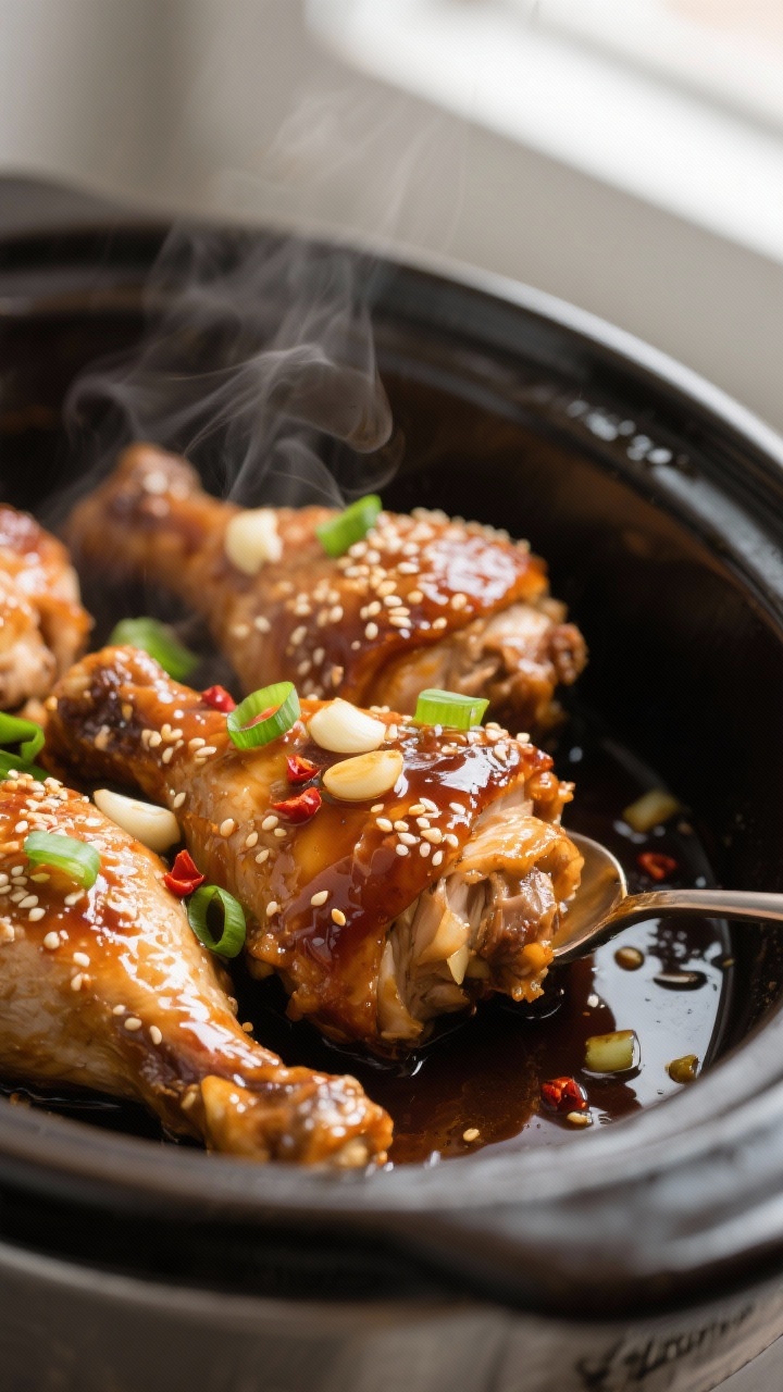 Close-up detail shot: Slow cooker Honey Garlic chicken thighs, fully cooked and glistening in a lacq