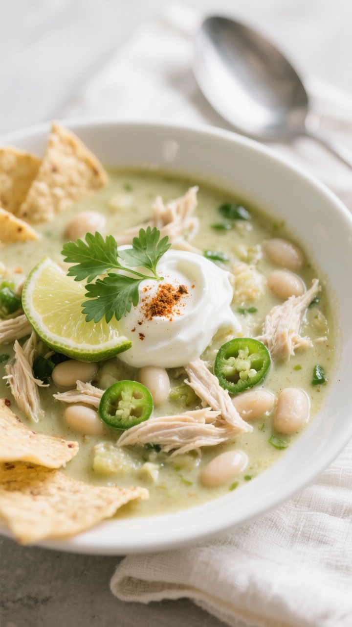 Close-up final presentation of White Chicken Chili in a wide, shallow white bowl: creamy, pale-green