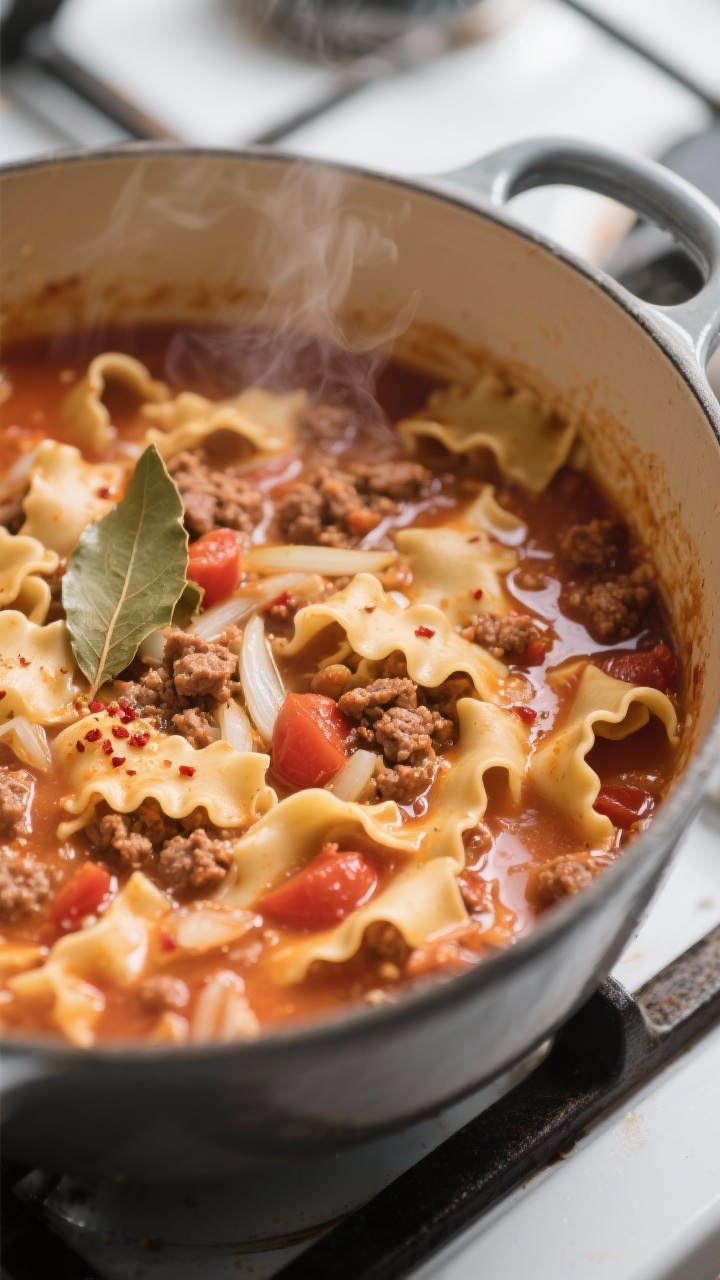 Cooking process close-up: A large Dutch oven of creamy lasagna soup simmering on the stove after the