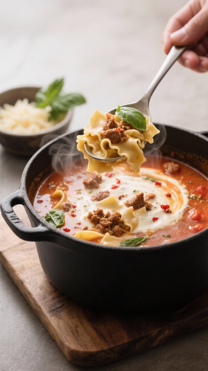 Cooking process, close-up detail: A ladle lifting creamy lasagna soup from a Dutch oven mid-simmer, 