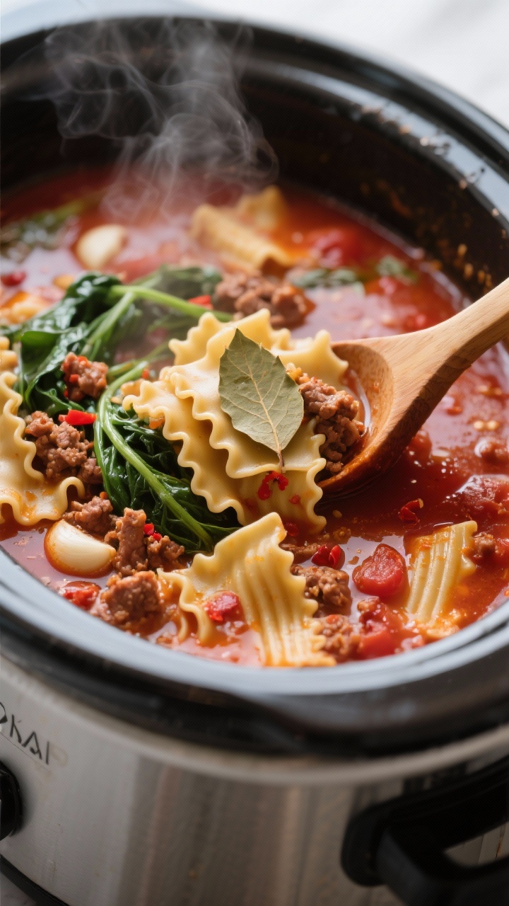 Cooking process, close-up detail: A tight, steamy close-up of crockpot lasagna soup in the slow cook
