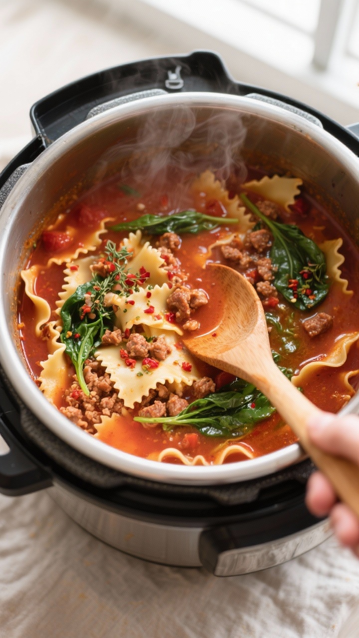 Cooking process, overhead: Instant Pot lasagna soup just after quick release and stirring, showing g
