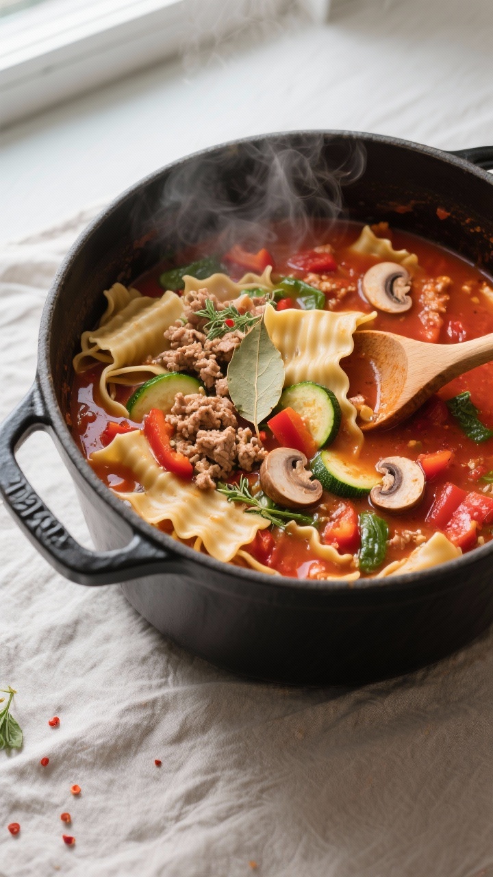 Cooking process, overhead: Overhead shot of a simmering pot of healthy lasagna soup mid-cook, showin
