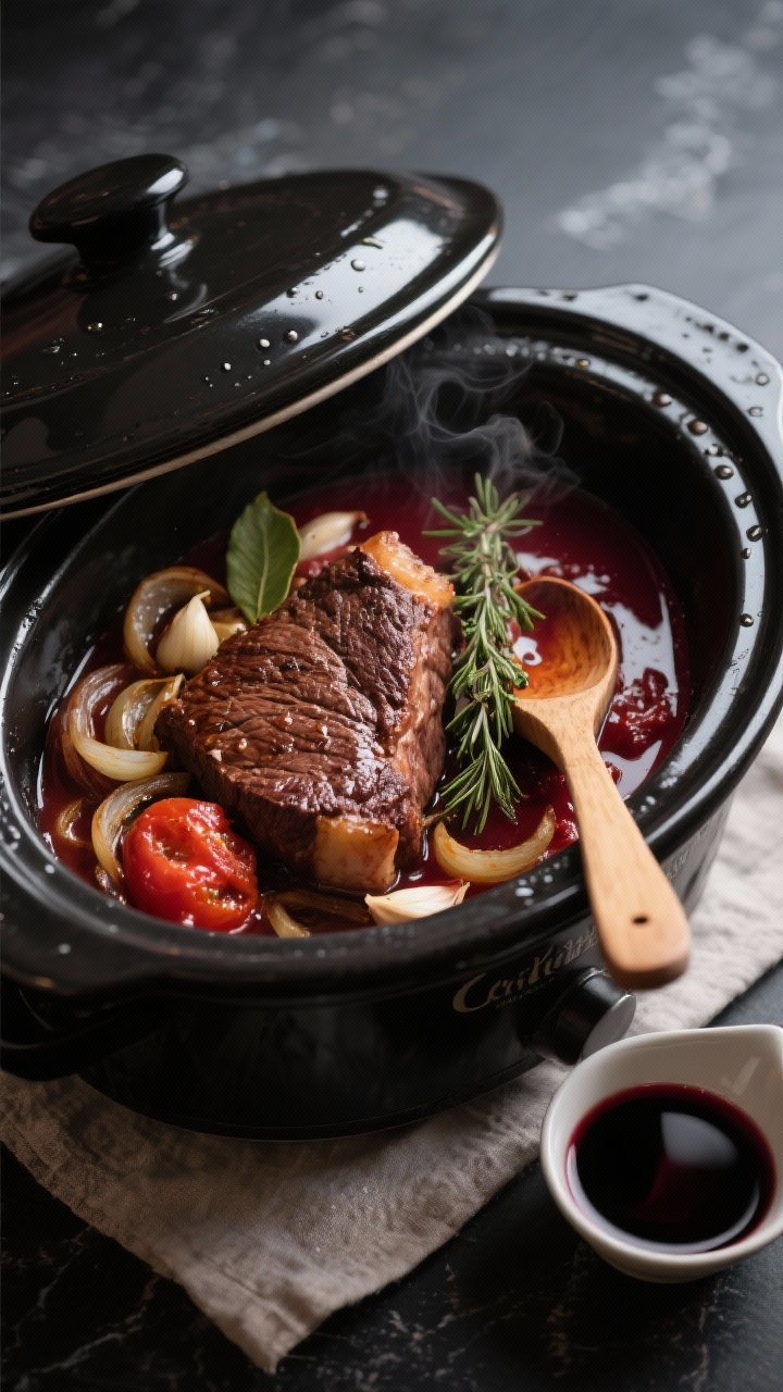 Cooking process – Overhead shot of Classic Red Wine Braised Steak mid-cook in a crockpot: browned