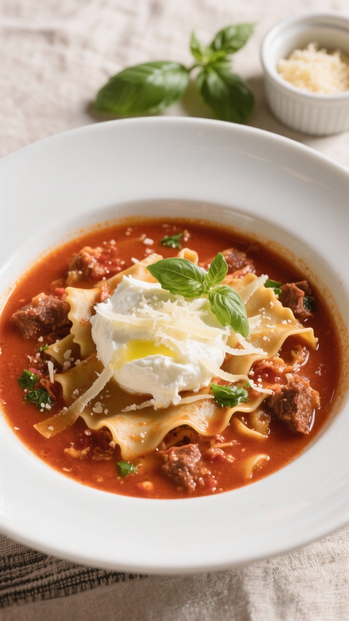 Final dish, overhead beauty: Top-down shot of a bowl of lasagna soup just served, with a generous do