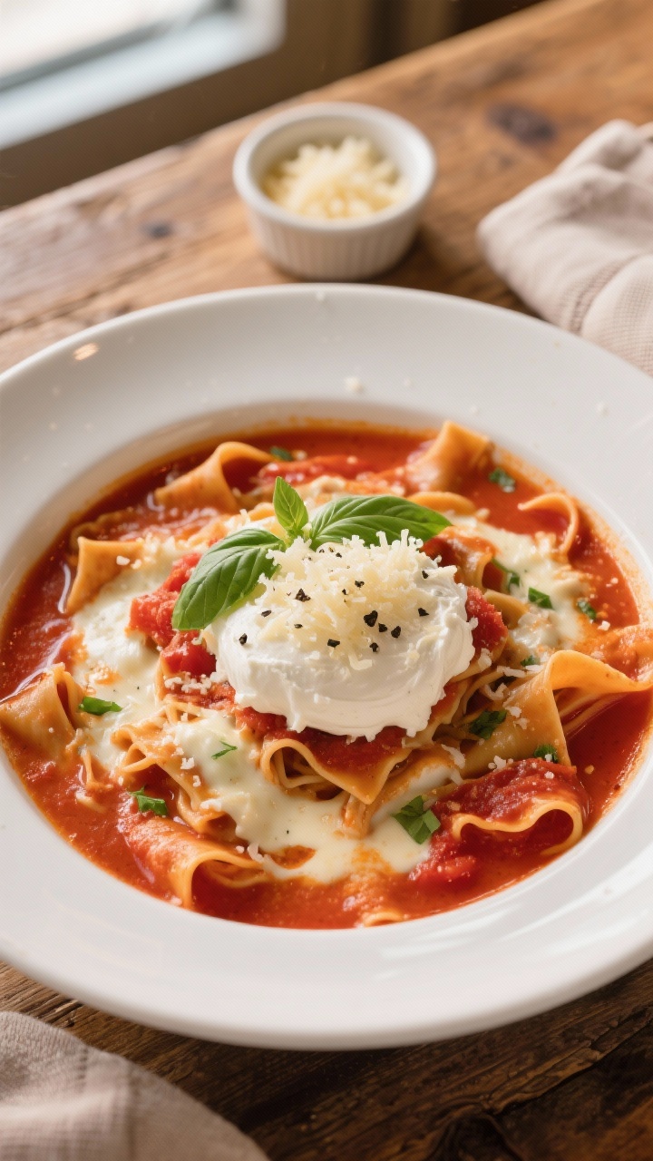 Final dish overhead: Restaurant-quality bowl of creamy lasagna soup, thick and luscious with ribbons