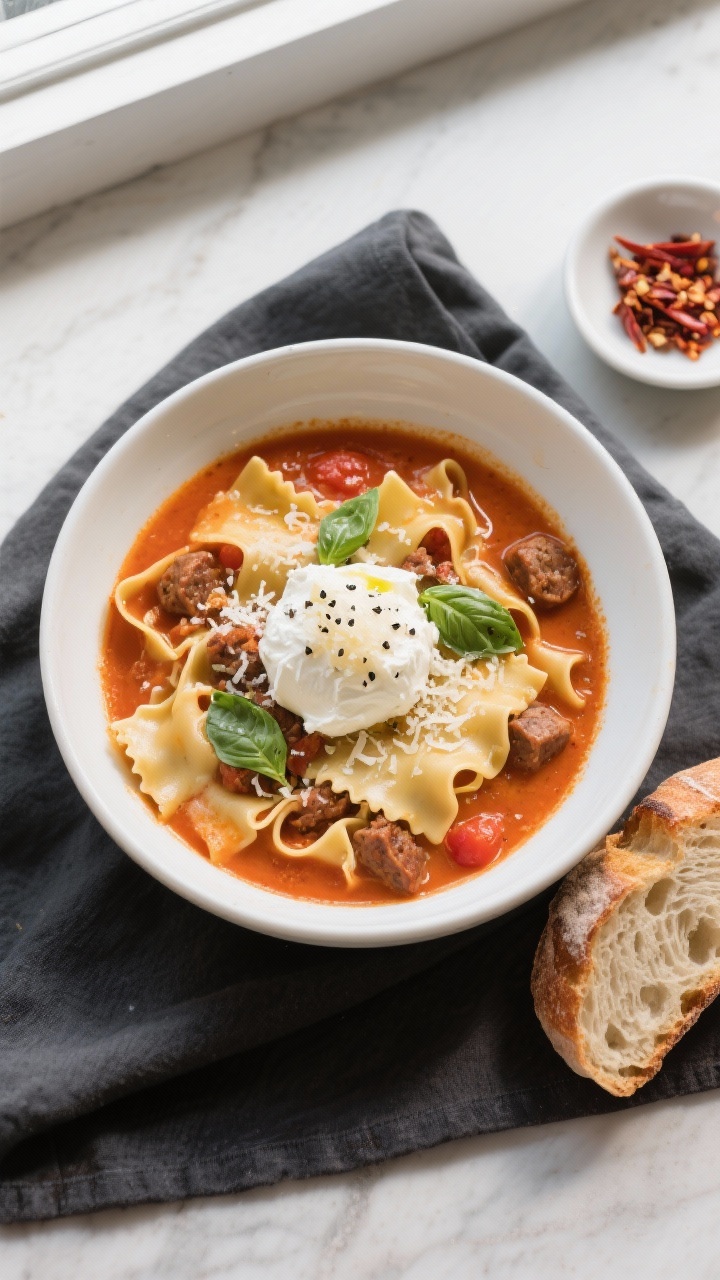 Final dish, overhead shot: of a bowl of creamy lasagna soup beautifully plated, rich orange-red crea