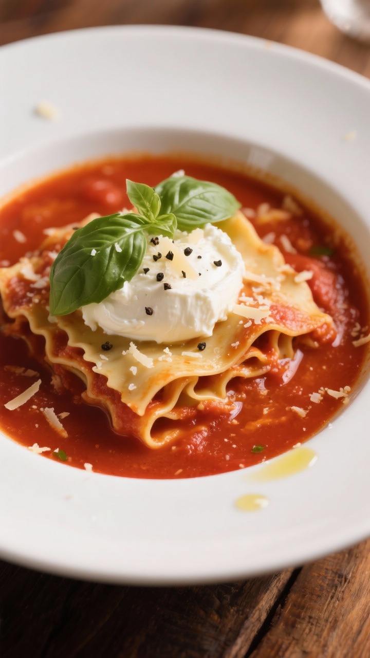 Final plated, close-up detail: A deep white bowl of lasagna soup with rich brick-red tomato base, al