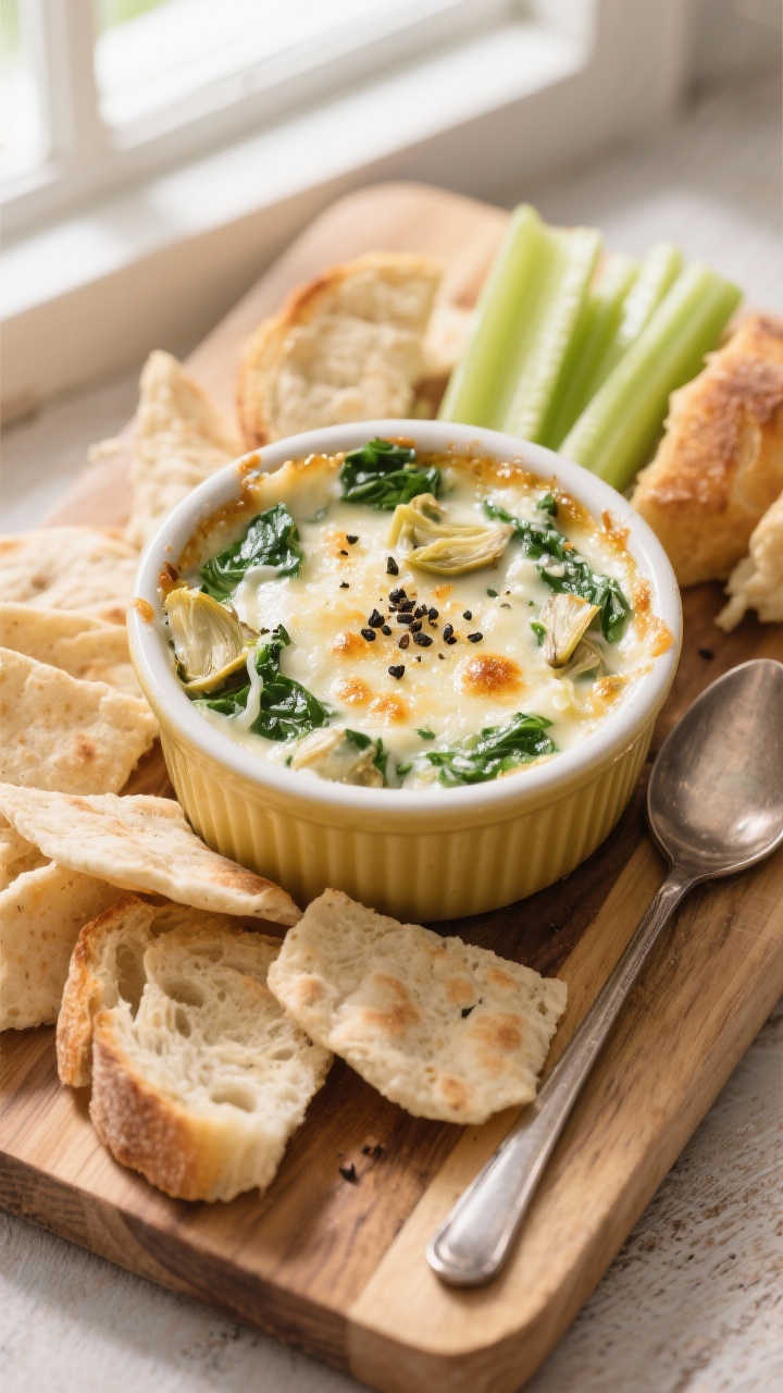Overhead final presentation of Spinach Artichoke Mini Dip in the mini crock insert set on a wooden b