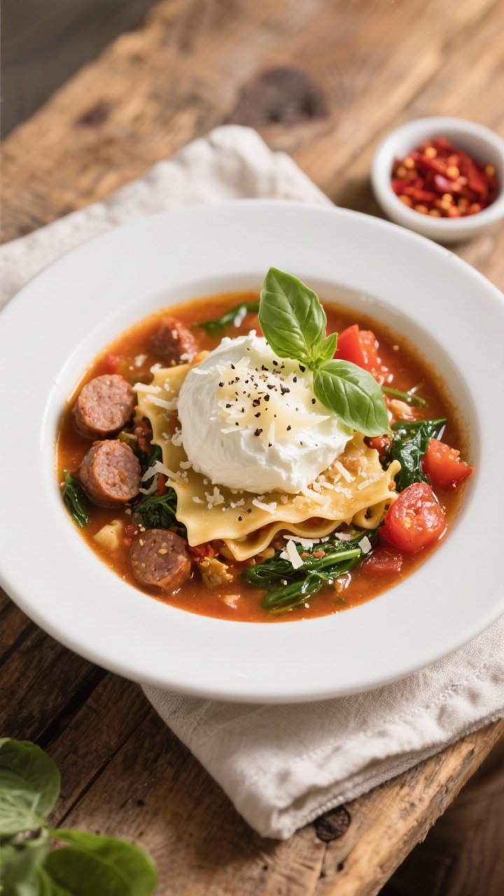 Overhead final presentation shot: a wide, shallow white bowl filled with crockpot lasagna soup toppe