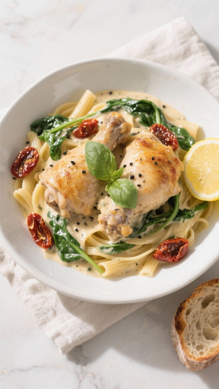 Overhead final presentation: Tuscan Cream chicken thighs plated over al dente pasta in a wide white 