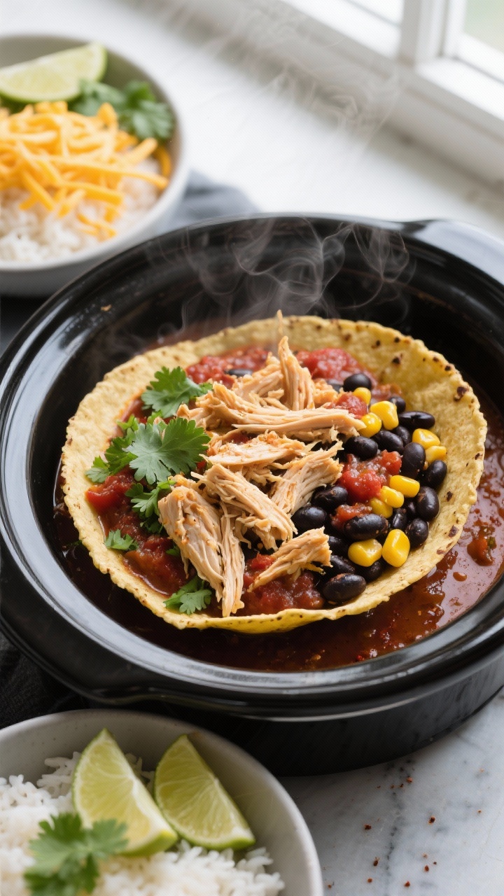 Overhead shot of Chicken Taco Bowls just after shredding in the slow cooker: juicy shredded chicken