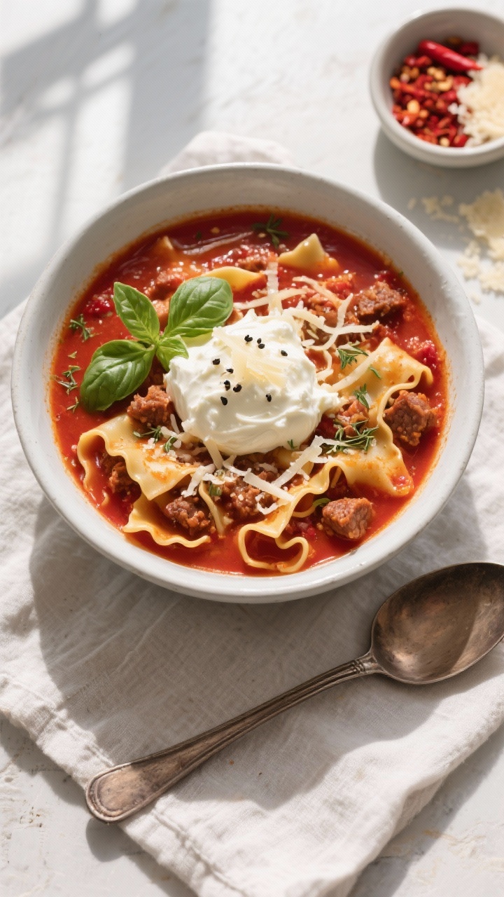 Overhead shot of finished slow cooker lasagna soup in a wide, matte-white bowl: deep red tomato brot