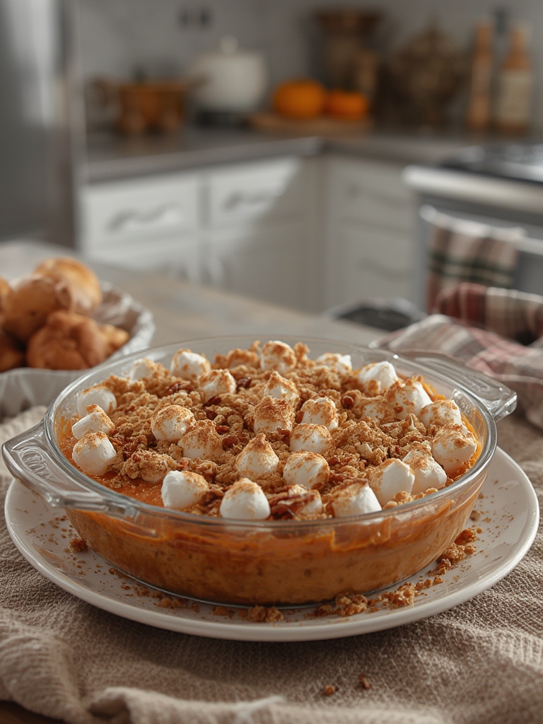 Sweet Potato Casserole with Marshmallows and Pecan Streusel